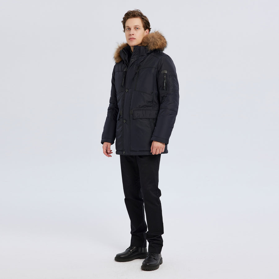 Ultra-Arctic-Jacke mit Kapuze aus echtem Fell mit Lederbesatz