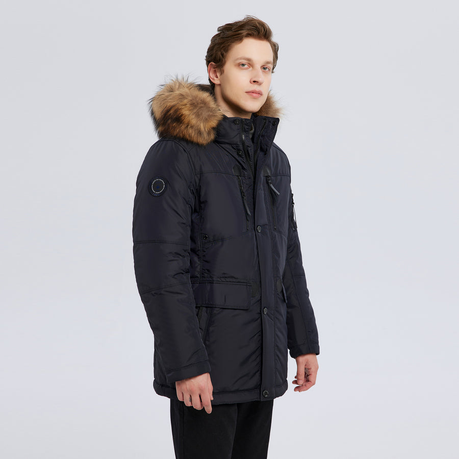Ultra-Arctic-Jacke mit Kapuze aus echtem Fell mit Lederbesatz